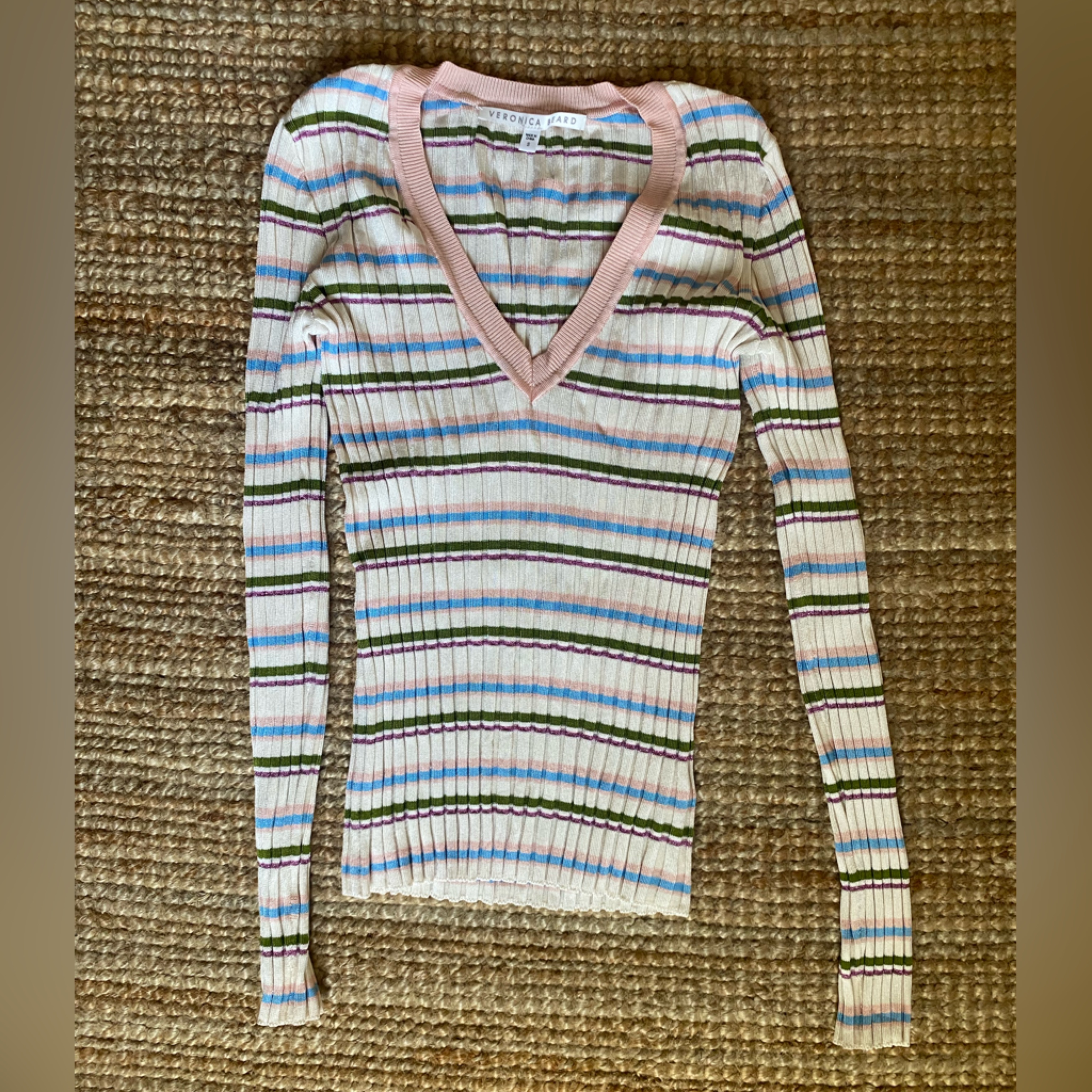 Women’s Veronica Beard Ribbed Stretch Sweater W Multi Colored Stripes Sz S